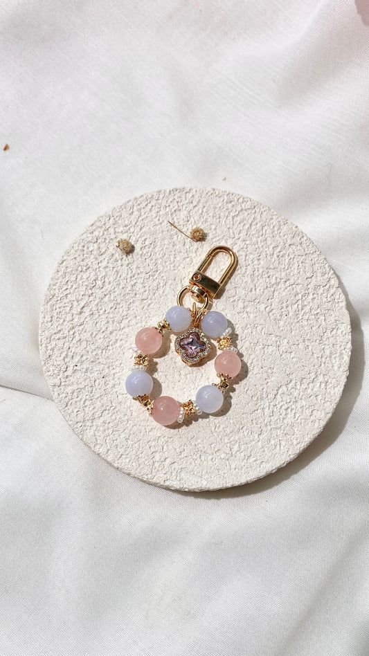 *PO* Blue Chalcedony & Rose Quartz with Sparkly Clover Charm in Gold Crystal Keychain