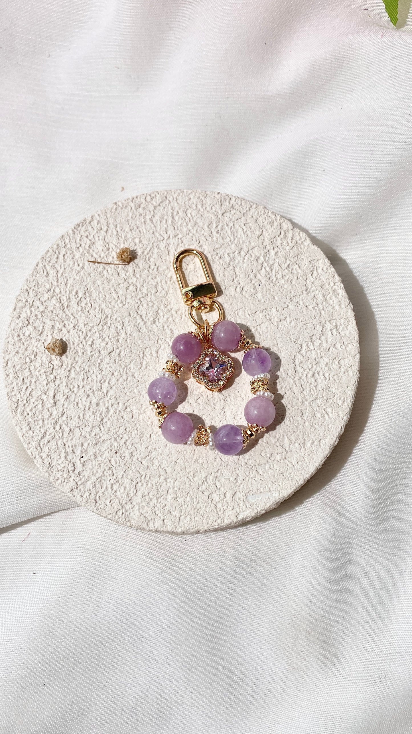 *PO* Kunzite & Amethyst with Sparkly Clover Charm Crystal Keychain