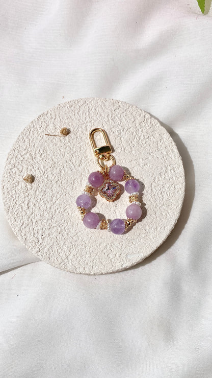 *PO* Kunzite & Amethyst with Sparkly Clover Charm Crystal Keychain