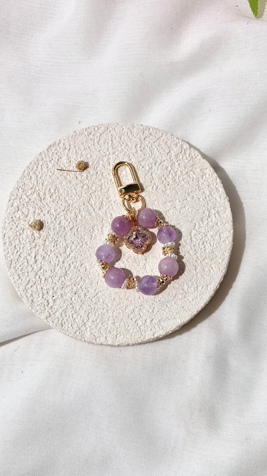 *PO* Kunzite & Amethyst with Sparkly Clover Charm Crystal Keychain