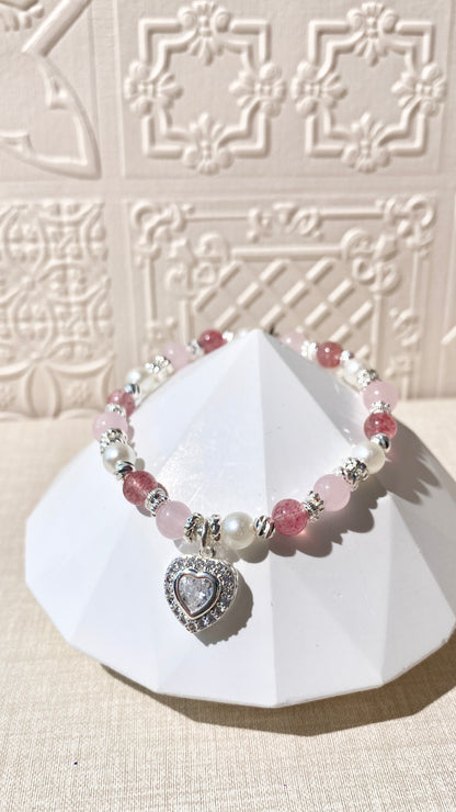 *PO* Strawberry Quartz & Rose Quartz with Gem Heart Charm Crystal Bracelet (Elastic)