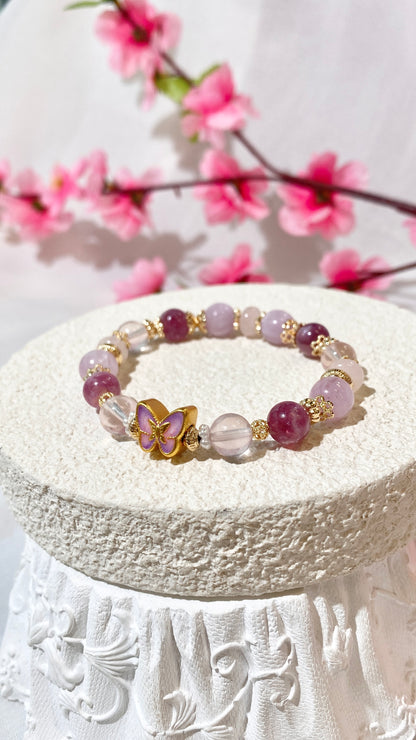 *INSTOCKS* Cheru Customs - Pink Purple Emerald Mica, Kunzite, Rose Quartz & Rose Quartz Rondelle with Purple Butterfly Charm Crystal Bracelet