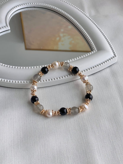 *INSTOCKS* The Ultimate Collection - Labradorite, Black Tourmaline & Natural Freshwater Pearl Crystal Bracelet in Gold (Elastic)