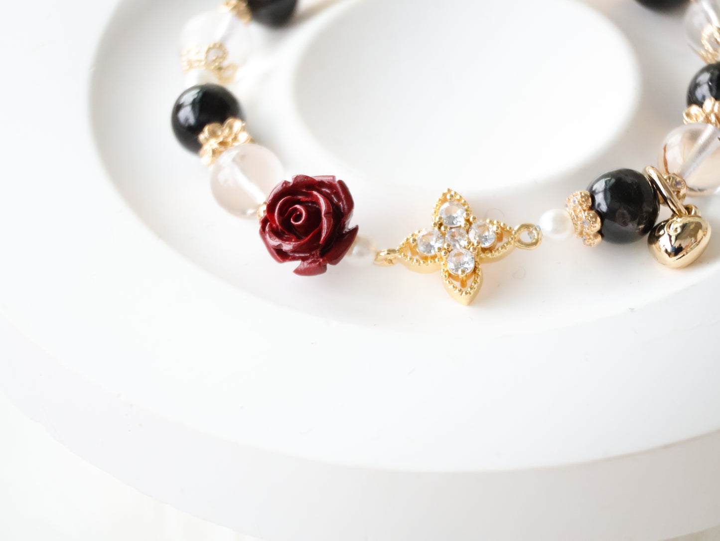 *Backorder* Hypersthene, Black Gold Super 7 & Cinnabar Rose with Clover Charm Crystal Bracelet (Elastic)