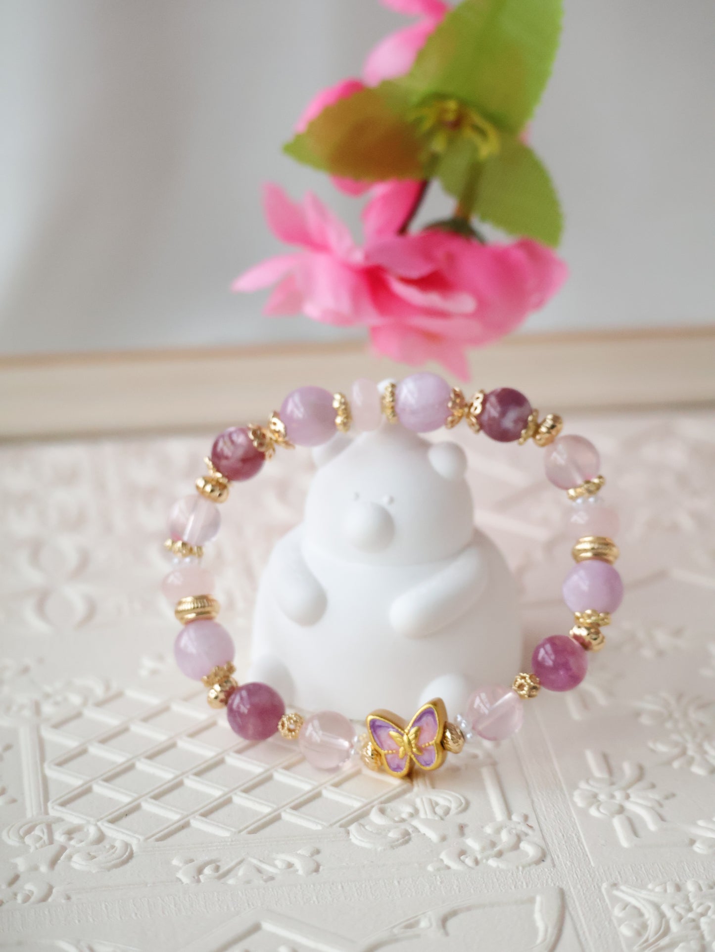 *INSTOCKS* Cheru Customs - Pink Purple Emerald Mica, Kunzite, Rose Quartz & Rose Quartz Rondelle with Purple Butterfly Charm Crystal Bracelet