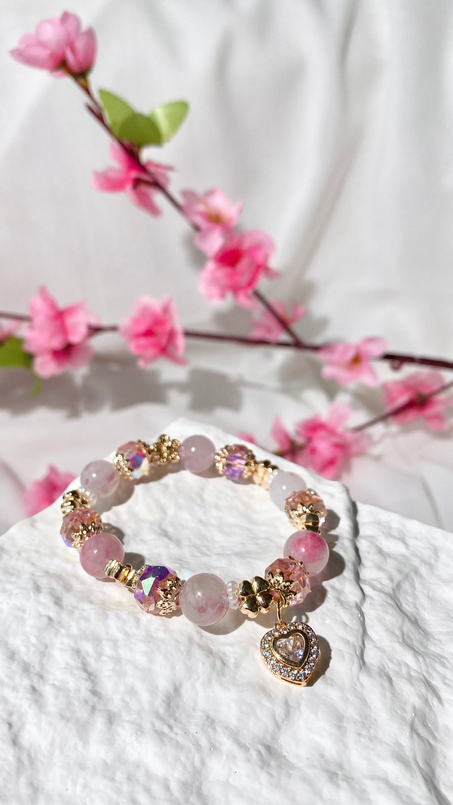 *PO* Sakura Rhodonite with Sparkly Heart Charm Crystal Bracelet (Elastic)