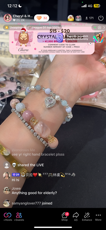 *PO* Blue Lace Agate & Aquamarine with Gem Heart Charm Crystal Bracelet (Elastic)