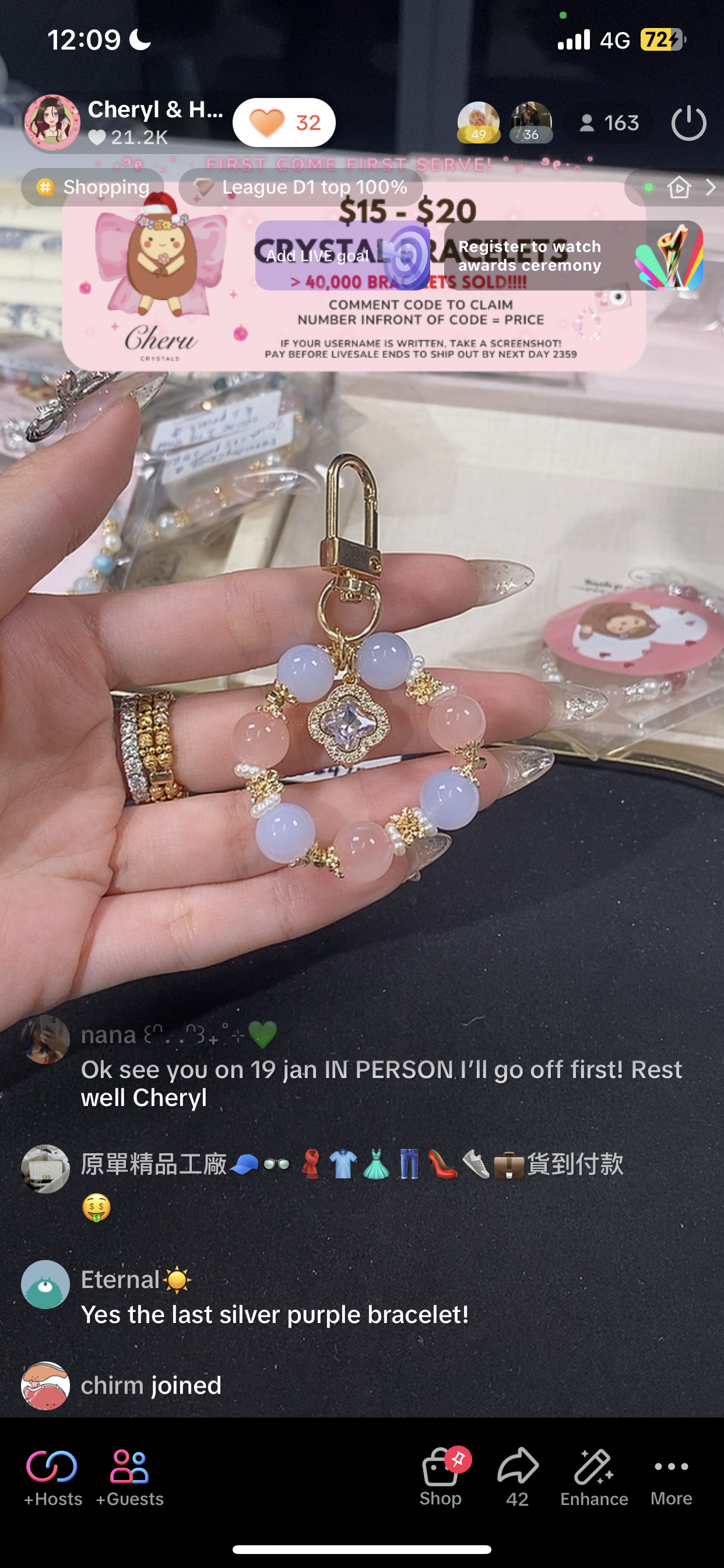 *PO* Blue Chalcedony & Rose Quartz with Sparkly Clover Charm in Gold Crystal Keychain