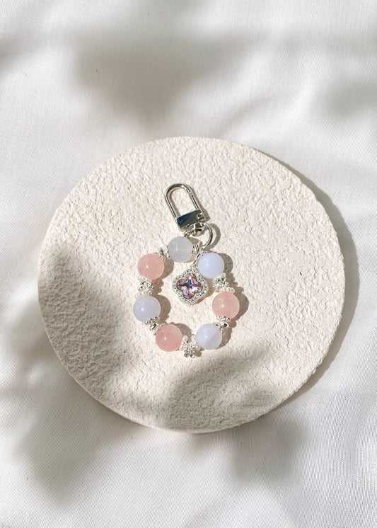 *PO* Blue Chalcedony & Rose Quartz with Sparkly Clover Charm in Silver Crystal Keychain