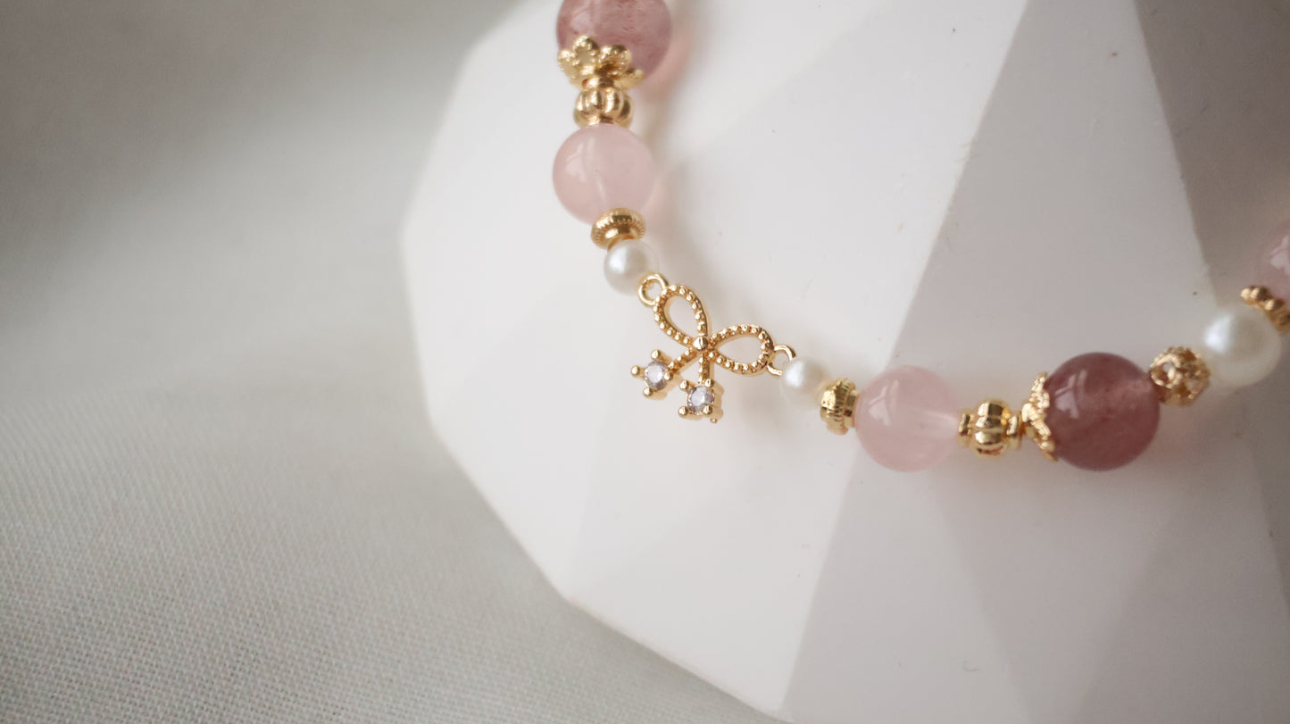 *Backorder* Strawberry Quartz & Rose Quartz with Ribbon Charm Crystal Bracelet (Elastic)