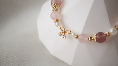 *Backorder* Strawberry Quartz & Rose Quartz with Ribbon Charm Crystal Bracelet (Elastic)