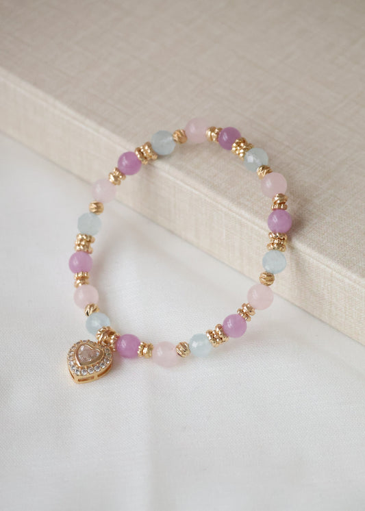 *PO* Faceted Aquamarine, Kunzite & Rose Quartz with Gem Heart Charm Crystal Bracelet (Elastic)