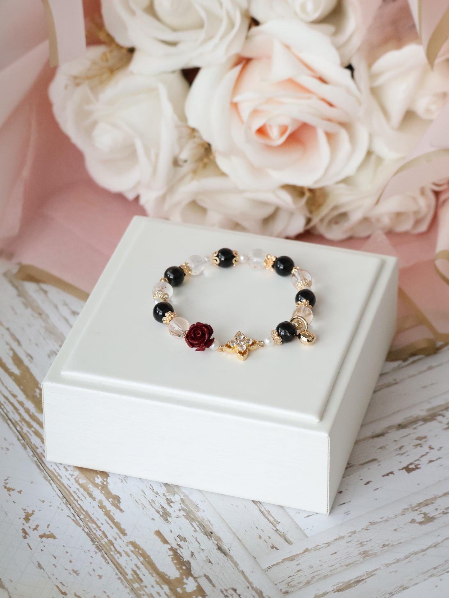 *Backorder* Hypersthene, Black Gold Super 7 & Cinnabar Rose with Clover Charm Crystal Bracelet (Elastic)