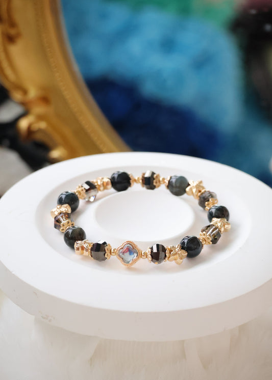 *Backorder* Pietersite with Blue Clover Charm Crystal Bracelet (Elastic)