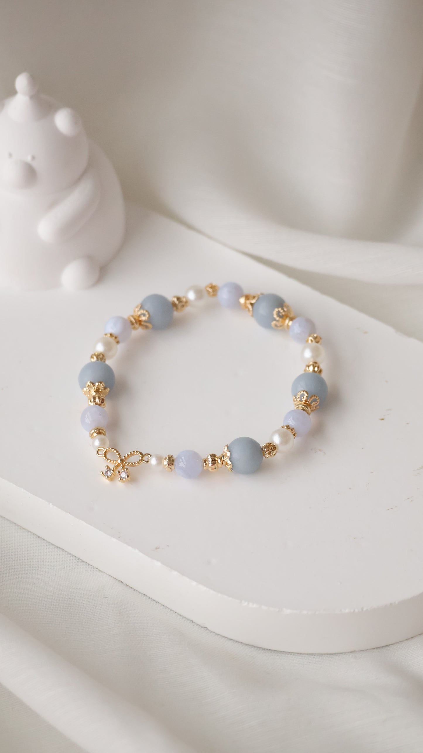 *Backorder* Angelite & Blue Lace Agate with Ribbon Charm Crystal Bracelet (Elastic)