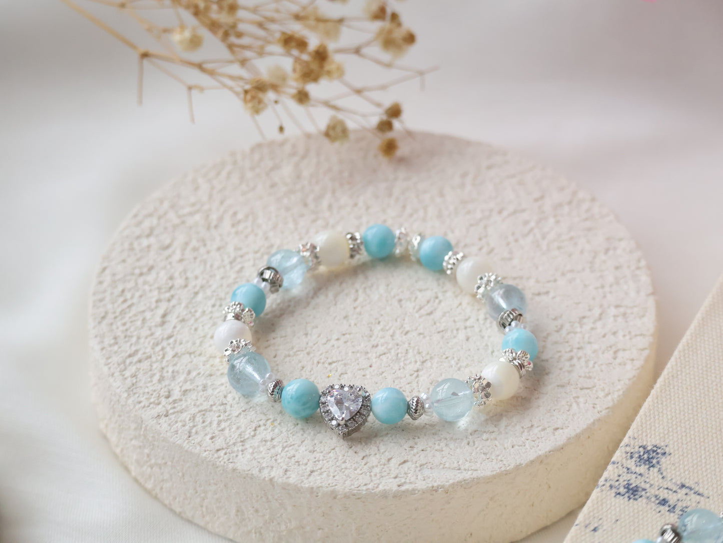 *Instocks* Cheru Customs - Larimar, White Conch & Blue Topaz with Sparkly Heart Charm Crystal Bracelet