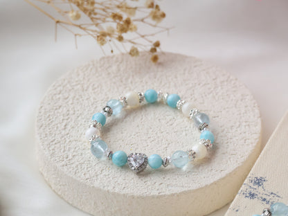 *Instocks* Cheru Customs - Larimar, White Conch & Blue Topaz with Sparkly Heart Charm Crystal Bracelet