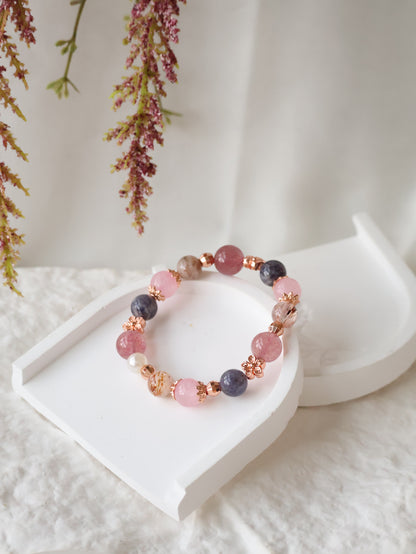 *Backorder* Iolite, Black Gold Super 7, Strawberry Quartz & Rose Quartz Crystal Bracelet (Elastic)