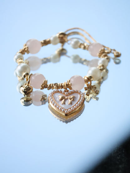 *Backorder* Cherie - Rose Quartz / Hypersthene with Heart & Ribbon Charms Crystal Bracelet (Push Pull)