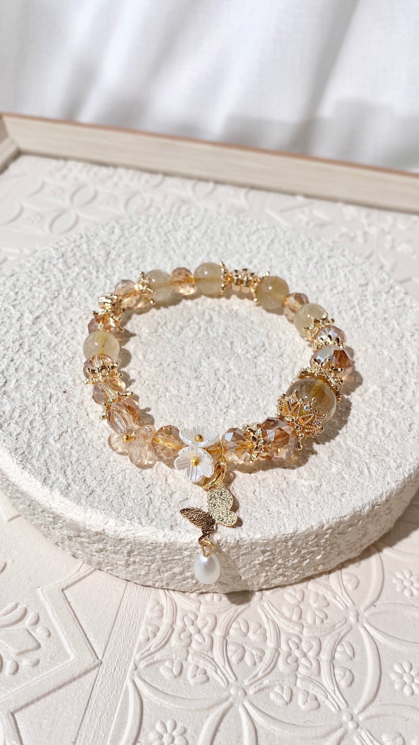 *PO* Gold Rutile with Butterfly Pearl Charm Crystal Bracelet (Elastic)