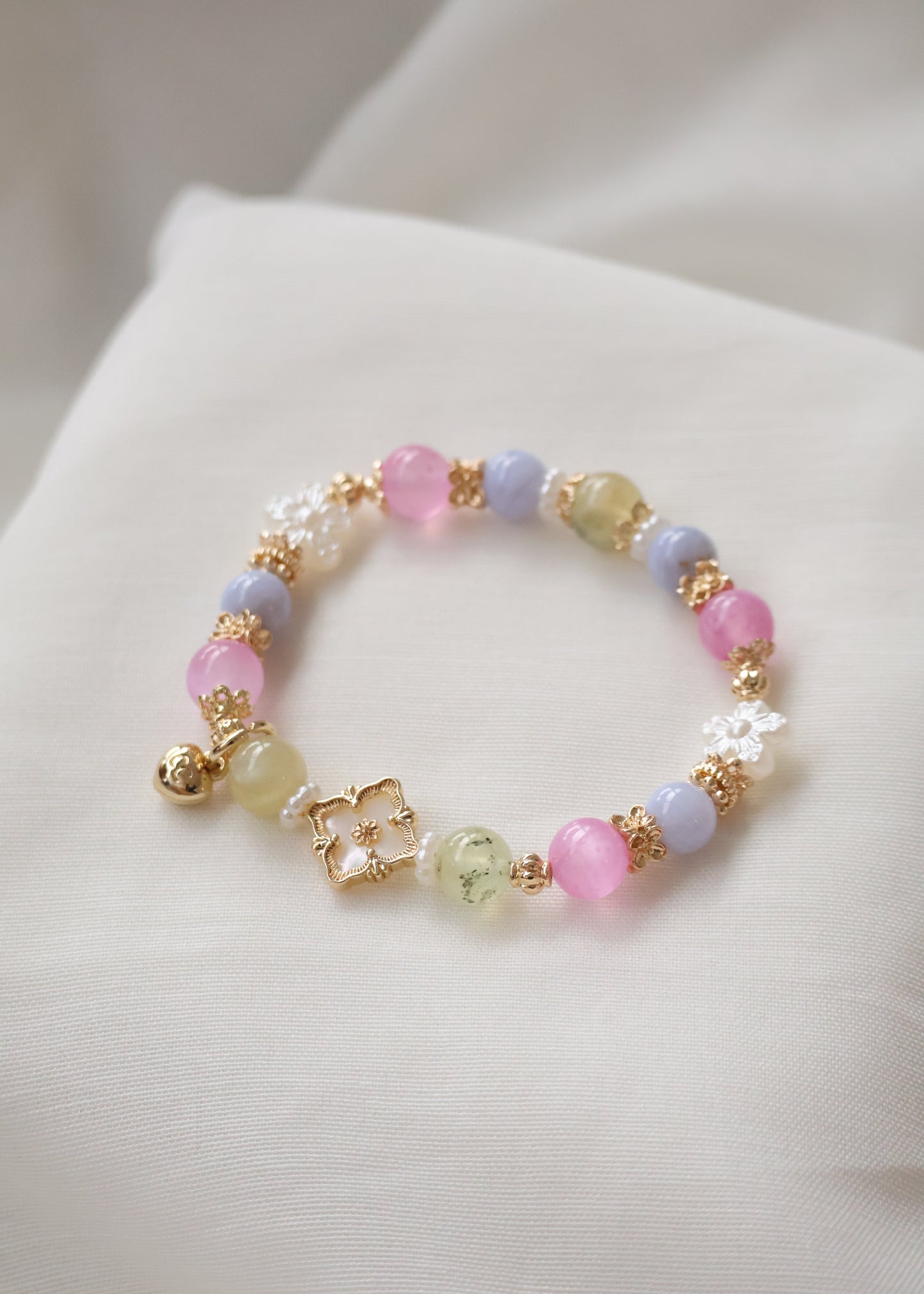 *Instocks* Prehnite, Pink Satin Spar & Blue Lace Agate with MOP Clover Crystal Bracelet (Elastic)