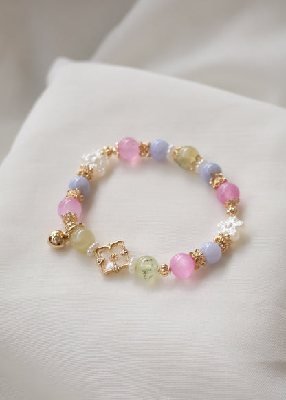 *Instocks* Prehnite, Pink Satin Spar & Blue Lace Agate with MOP Clover Crystal Bracelet (Elastic)