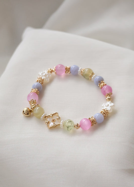 *Instocks* Prehnite, Pink Satin Spar & Blue Lace Agate with MOP Clover Crystal Bracelet (Elastic)