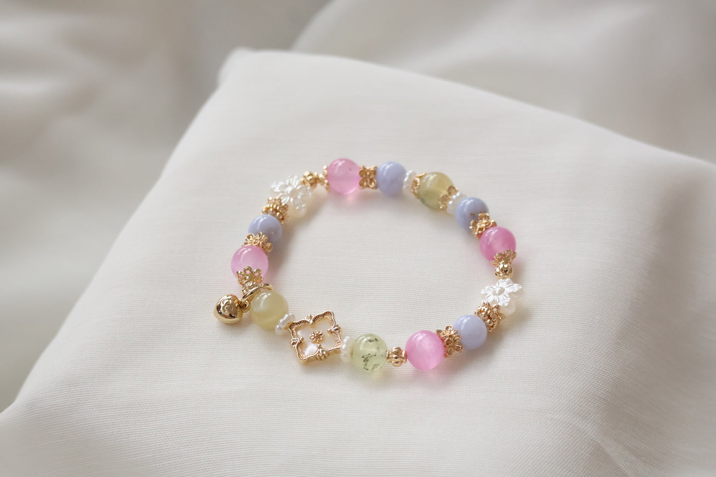*Instocks* Prehnite, Pink Satin Spar & Blue Lace Agate with MOP Clover Crystal Bracelet (Elastic)