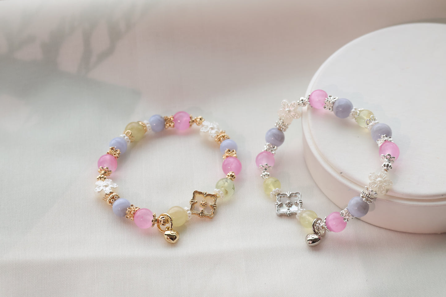 *Instocks* Prehnite, Pink Satin Spar & Blue Lace Agate with MOP Clover Crystal Bracelet (Elastic)