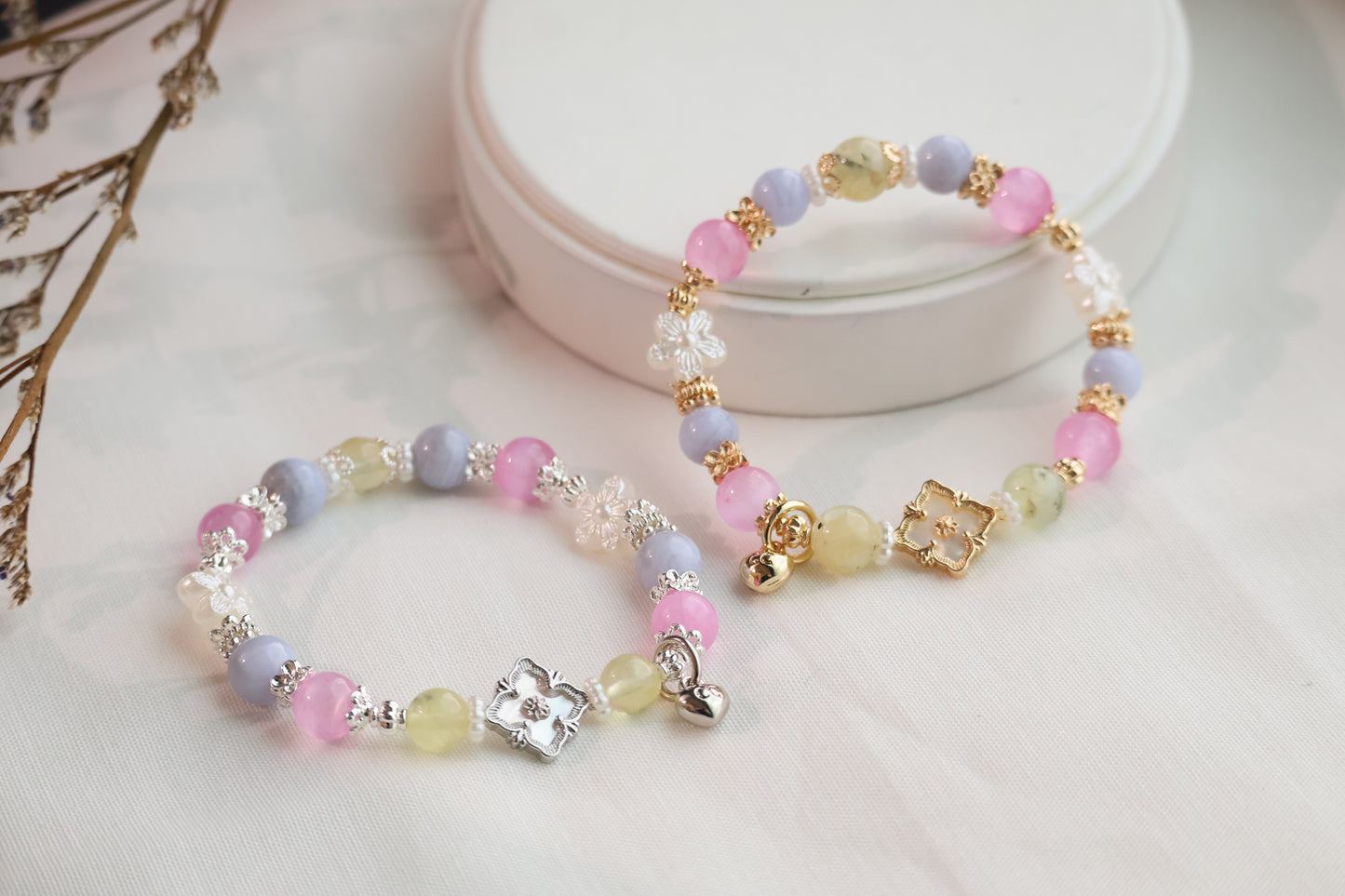 *Instocks* Prehnite, Pink Satin Spar & Blue Lace Agate with MOP Clover Crystal Bracelet (Elastic)