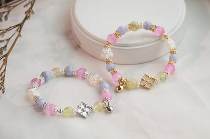 *Instocks* Prehnite, Pink Satin Spar & Blue Lace Agate with MOP Clover Crystal Bracelet (Elastic)