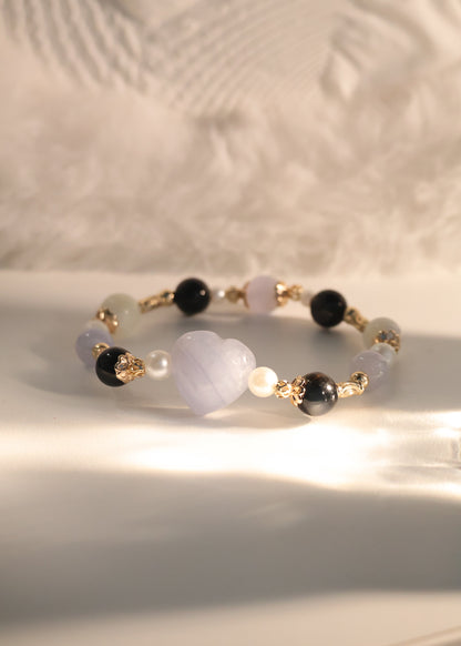 *Instocks* Blue Lace Agate, White Conch, Tiger's Eye & Blue Lace Agate Heart Crystal Bracelet (Elastic)