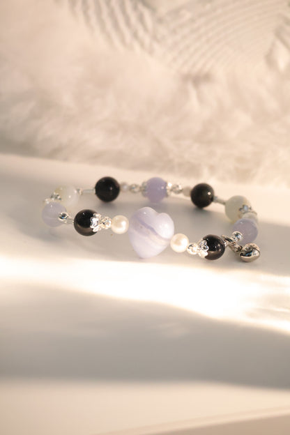 *Instocks* Blue Lace Agate, White Conch, Tiger's Eye & Blue Lace Agate Heart Crystal Bracelet (Elastic)